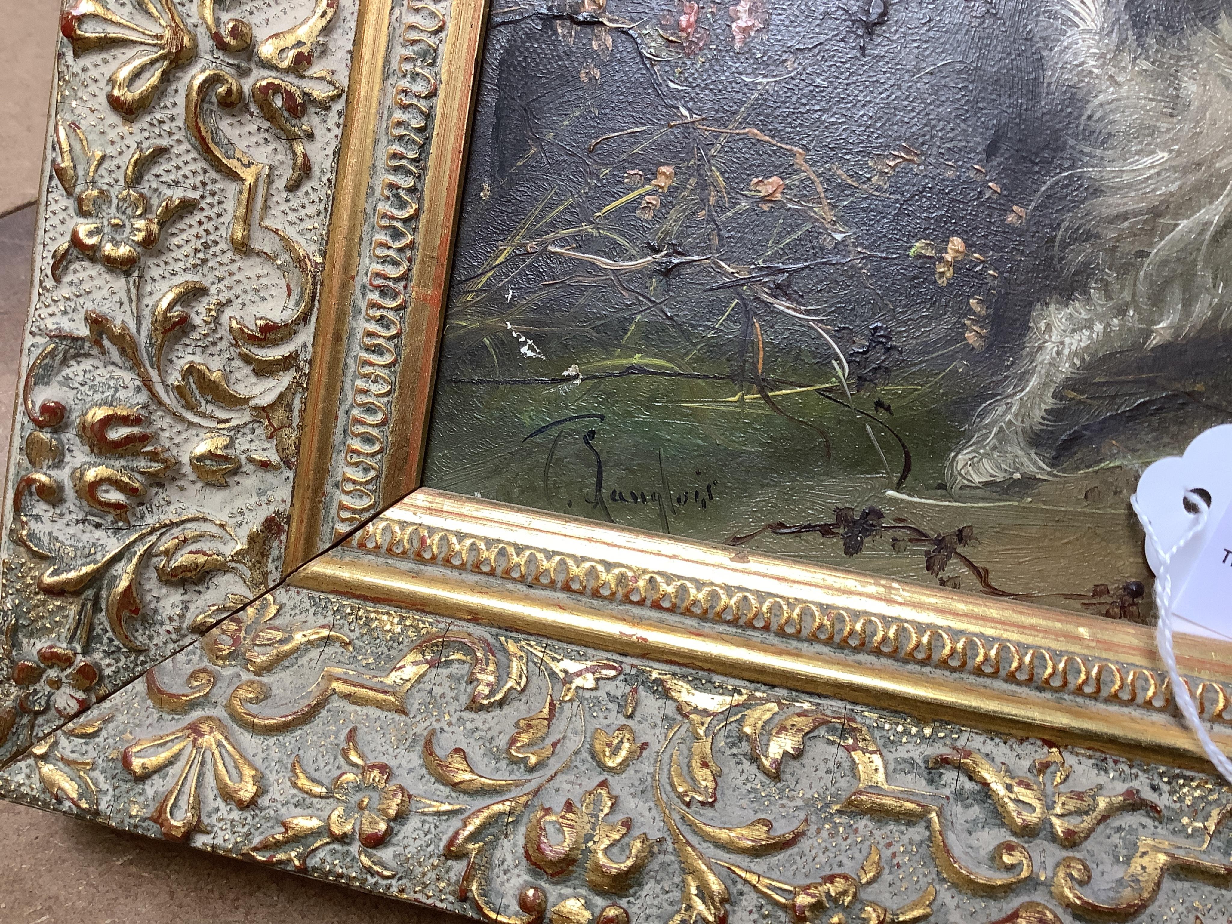 J. Langlois (1855-1904), Terriers rabbiting, signed, oil on canvas, gilt framed, 23 x 34cm